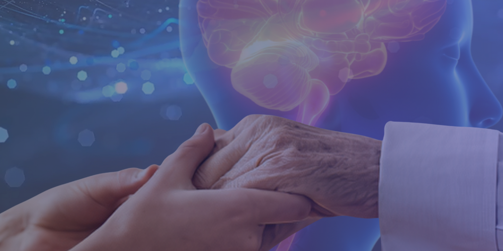 Mani che si stringono in un gesto di cura con illustrazione del cervello umano sullo sfondo — supporto integrativo nelle patologie neurologiche